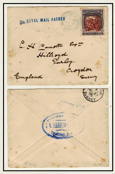 TRINIDAD AND TOBAGO - 1906 2d rate PER ROYAL MAIL PACKET cover with FORWARDED/J.N.HARRIMANS b/s.