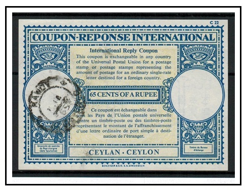 CEYLON - 1965 issued 65c INTERNATIONAL REPLY COUPON-CEYLON cancelled KANDY.