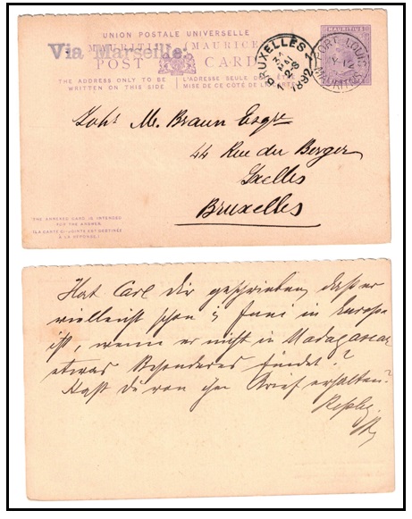 MAURITIUS - 1883 outward section of the 6c + 6c PSRC to Belgium used at PORT LOUIS.  H&F 5.