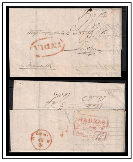 INDIA - 1842 stampless entire to UK struck 