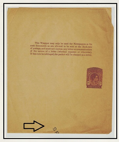 TRINIDAD AND TOBAGO - 1937 2c brown postal stationery wrapper SPECIMEN.  H&G 5.