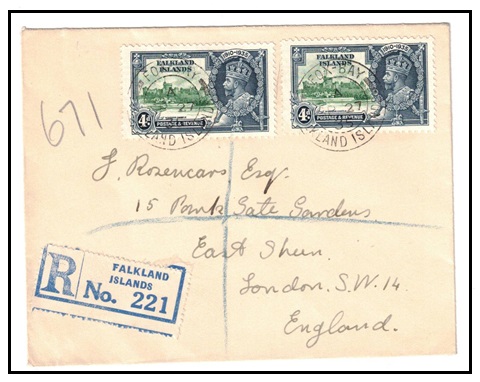 FALKLAND ISLANDS - 1936 8d rate registered 