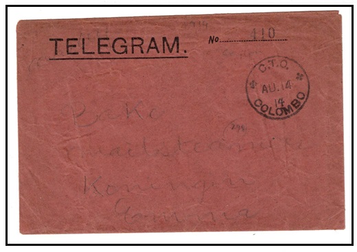 CEYLON - 1914 local used TELEGRAM envelope cancelled C.T.O./CEYLON.