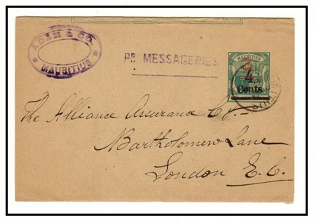 MAURITIUS - 1899 3c on 4c on 3c green postal stationery wrapper to UK.  H&G 3.