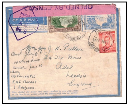 SOUTHERN RHODESIA - 1944 3d blue censored use of 