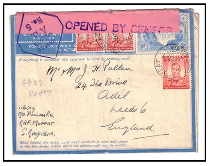 SOUTHERN RHODESIA - 1942 3d blue censored 
