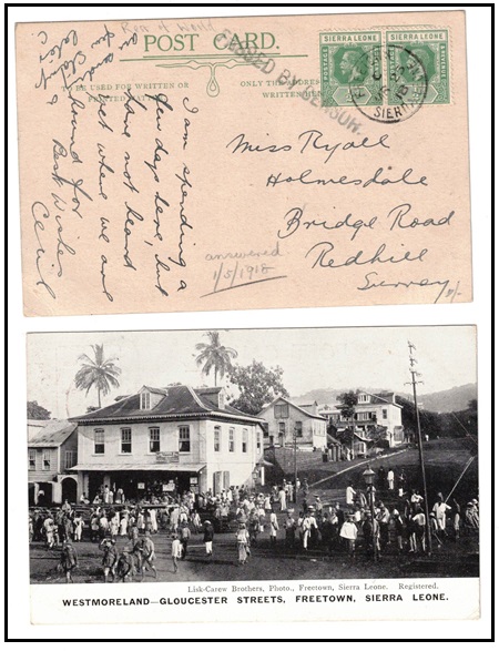 SIERRA LEONE - 1918 1d rate postcard use to UK used at FREETOWN with PASSED BY CENSOR h/s.