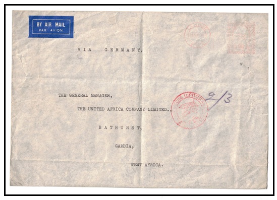 GAMBIA - 1937 inward meter mark cover from UK sent via German Air Service.