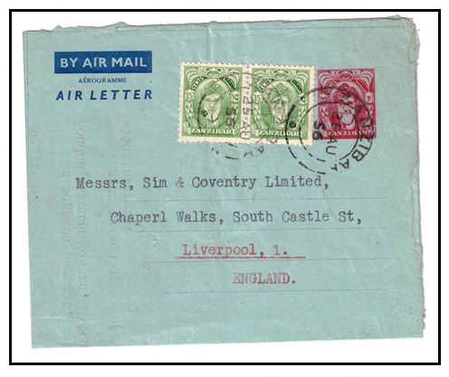 ZANZIBAR - 1956 20c carmine on blue postal stationery air letter uprated to UK.  H&G 3.