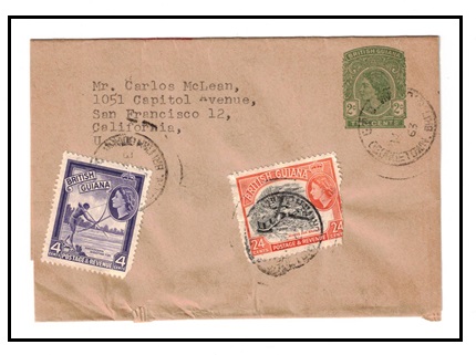 BRITISH GUIANA - 1955 2c green postal stationery wrapper to USA uprated at GEORGETOWN.  H&G 9.