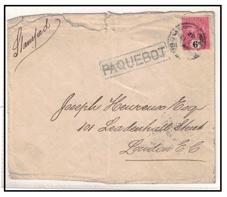 CEYLON - 1902 6c rate cover to UK from COLOMBO struck PAQUEBOT.