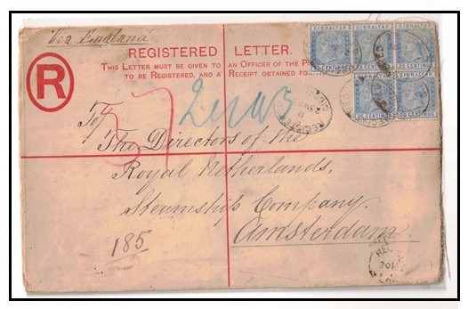 GIBRALTAR - 1889 20c orange red RPSE (size H) uprated with 25c (x5) to Amsterdam.  H&G 8b.
