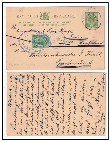SOUTH WEST AFRICA - 1913 1/2d green PSC of South Africa censored to Swiss Red Cross from WINDHOEK.