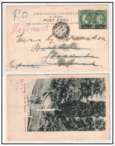 ST.HELENA - 1902 1/2d (x2) rated postcard use to UK.