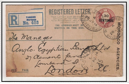MOROCCO AGENCIES - 1907 30c on 2d+1d brown RPSE (size F) to UK used at TANGIER.  H&G 7.