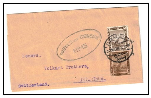 EGYPT - 1913 1m brown PASSED BY CENSOR/No.15 uprated postal stationery wrapper to Switzerland. H&G 3