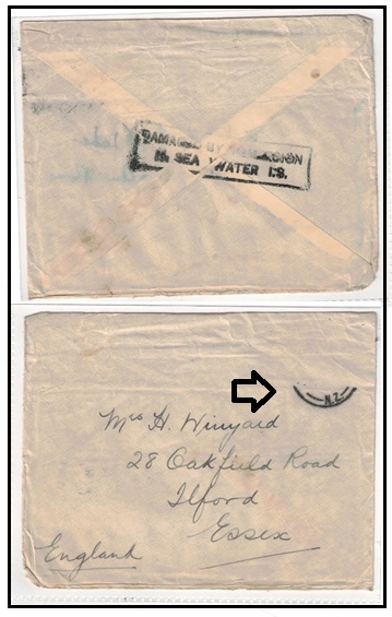 NEW ZEALAND - 1930 cover to UK struck DAMAGED BY IMERSION/IN SEA WATER I.S.