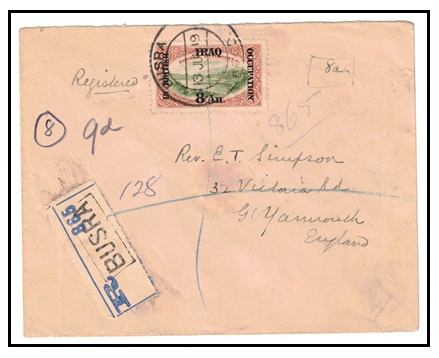 IRAQ - 1919 8a on 2 1/2pi green and orange on registered cover to UK used at BUSRA.