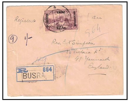 IRAQ - 1919 12a on 5pi deep lilac on registered cover to UK used at BUSRA.