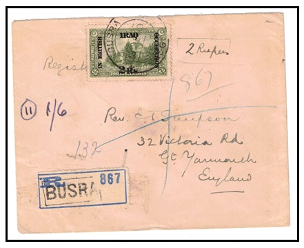 IRAQ - 1919 2rs on 25pi yellow green on registered cover to UK used at BUSRA.