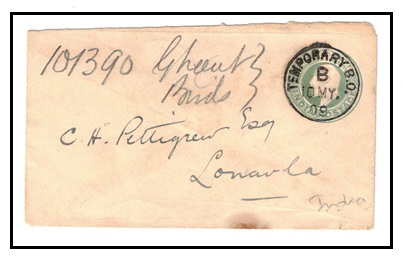 INDIA - 1902 1/2a green PSE to Lonavla cancelled TEMPORARY B.O.  H&G 8.