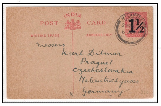 INDIA - 1921 1 1/2a black on 1a carmine surcharged PSC to Germany used at MYLAPORE.  H&G 26.