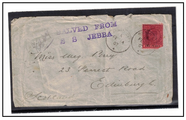 LAGOS - 1907 1d rate cover to UK used at BENIN CITY struck SALVED FROM/S.S.JEBBA.