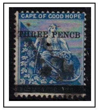 CAPE OF GOOD HOPE - 1879 THREEPENCE on 4d blue used showing PENCB for PENCE. variety.  SG 34a.