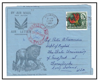 RHODESIA AND NYASALAND - 1960 6d rate use of illustrated air letter to USA struck POSTAGE PAID.