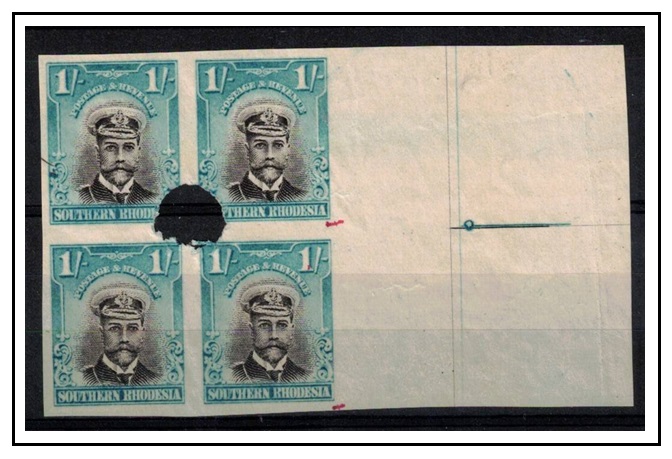 SOUTHERN RHODESIA - 1924 1/- (SG type 1) IMPERFORATE PLATE PROOF block of four.