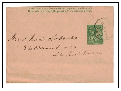 BARBADOS - 1916 1/2d green postal stationery wrapper used locally.  H&G 5.