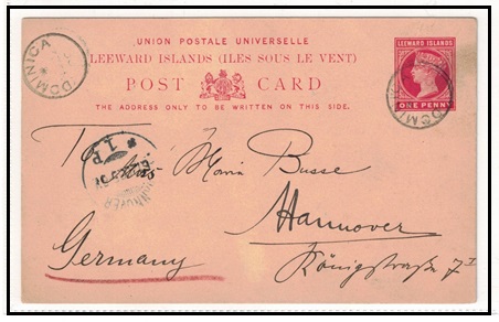 DOMINICA - 1891 1d carmine PSC of Leeward Islands to Germany cancelled DOMINICA.  