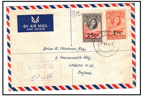 BECHUANALAND - 1961 3 1/2c on 4d and 25c on 2/6d decimal surcharge registered cover to UK.