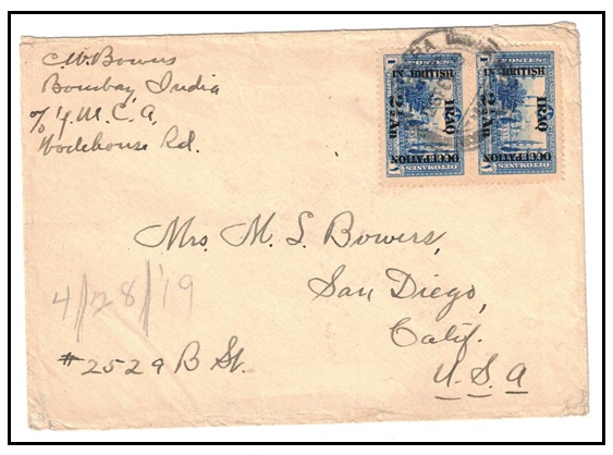 IRAQ - 1919 2 1/2an on 1pi blue (x2) on cover to USA.