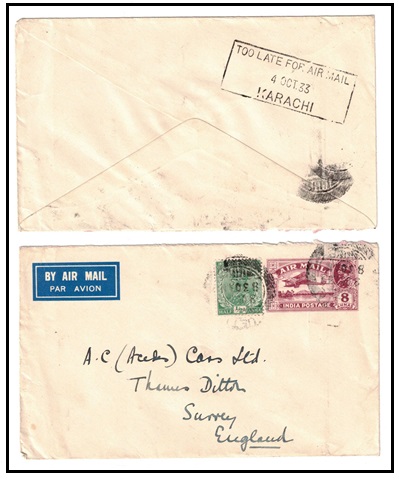 INDIA - 1929 8a red-violet uprated PSE to UK struck 