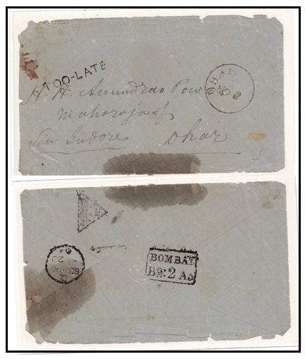 INDIA - 1869 stampless inward cover to Dhar from Bombay with 