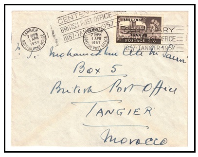 MOROCCO AGENCIES - 1957 2/6d (SG 340) on cover cancelled by special centenary commemoration cancel.