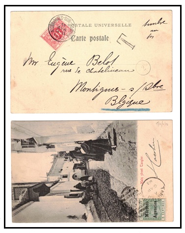 MOROCCO AGENCIES - 1903 QV 5c underpaid postcard to Belgium with 10c 