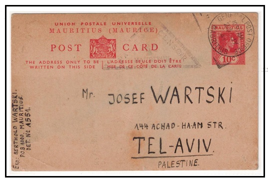 MAURITIUS - 1938 10c censored PSC to Tel Aviv from Jewish internee. H&G 34.