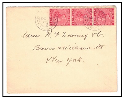 BERMUDA - 1896 1d strip of three on cover to USA used at HAMILTON.