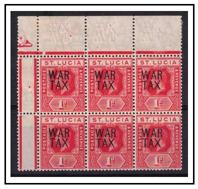 ST.LUCIA - 1916 1d scarlet WAR TAX U/M (x6) with INVERTED ALBINO impression in top margin. SG 89.