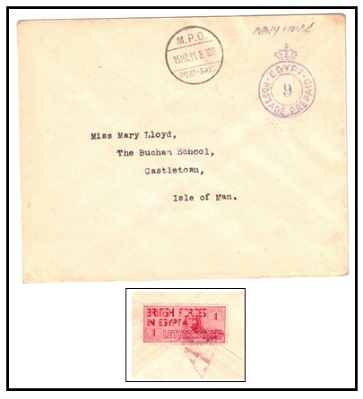 EGYPT - 1936 1p letter seal (SG A7) on EGYPT/9/POSTAGE PAID cover used at PORT SAID.