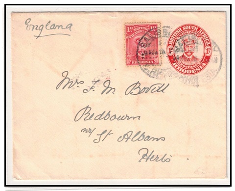 RHODESIA - 1916 1d red PSE (size d) uprated to UK used at SALISBURY.  H&G 5.