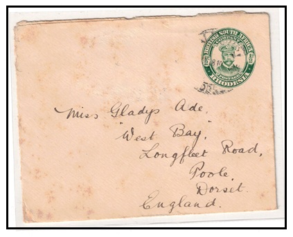 RHODESIA - 1916 1/2d green PSE (missing stamp) to UK used at SALISBURY.  