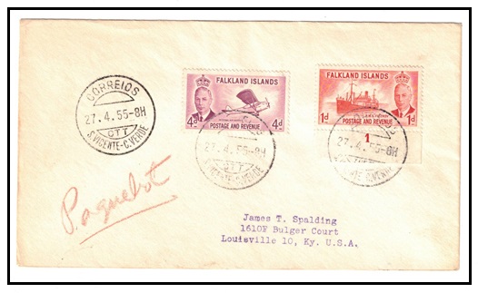 FALKLAND ISLANDS - 1955 5d rate PAQUEBOT cover to USA cancelled in Cape Verde.