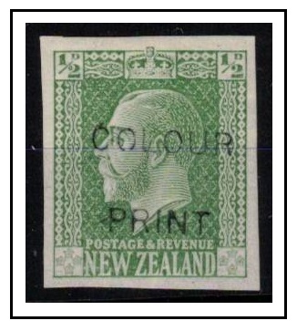 NEW ZEALAND - 1915 1/2d green IMPERFORATE example handstamped COLOUR/PRINT.