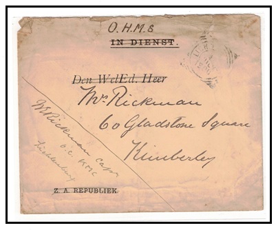 TRANSVAAL - 1900 stampless IN DIENST cover to Kimberley used at LICHTENBURG.