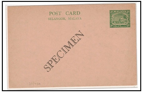 MALAYA - 1936 3c green PSC unused struck SPECIMEN.  H&G 3.