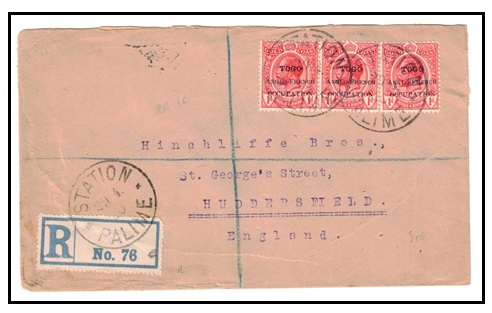 TOGO - 1920 1d (x3) on registered commercial cover to UK used at STATION PALIME.