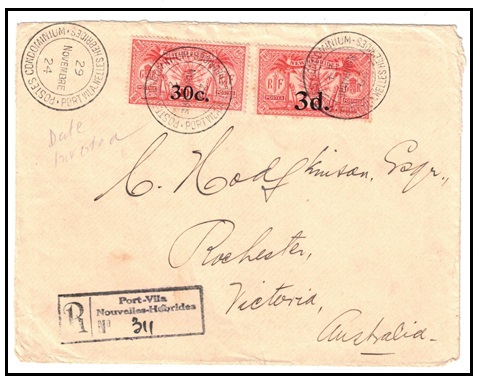 NEW HEBRIDES - 1924 3d on 30c and 1d on 10c surcharged registered cover to Australia.